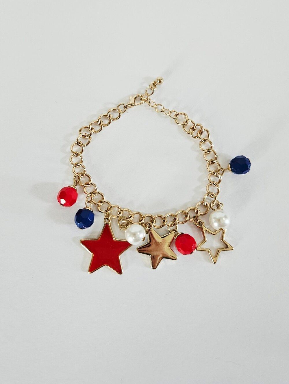 American USA Patriotic Stars Enamel Beaded Gold Tone Chain Chunky Charm Bracelet